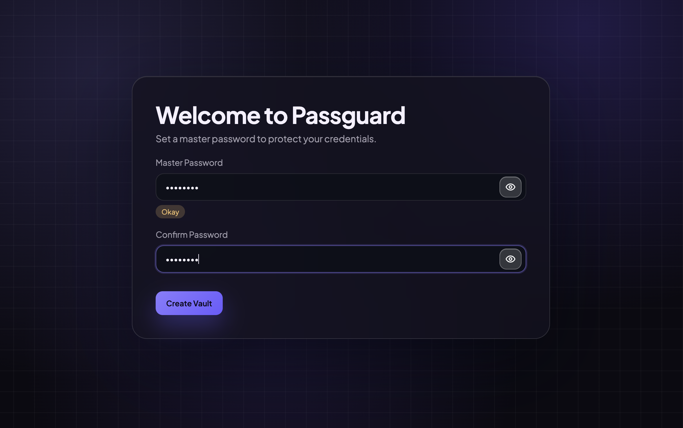 Vault setup screen