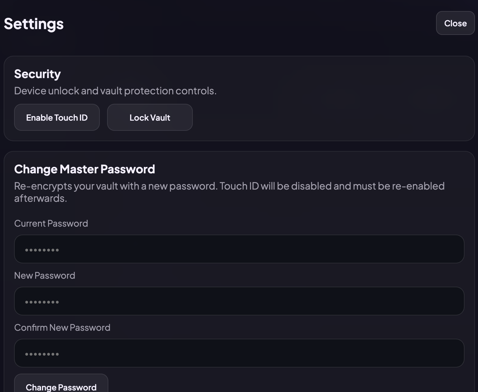 Security settings panel