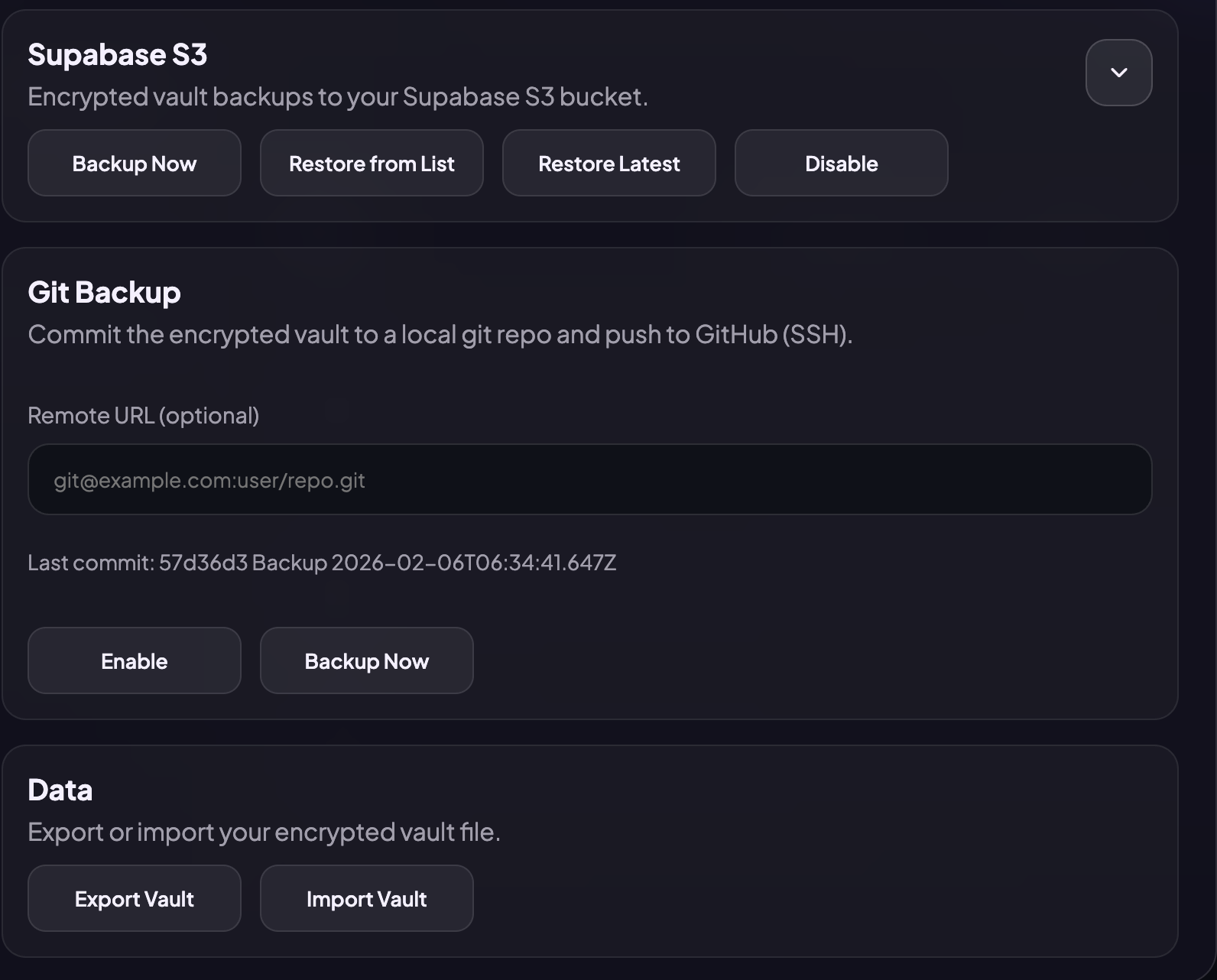 Backup settings app screen